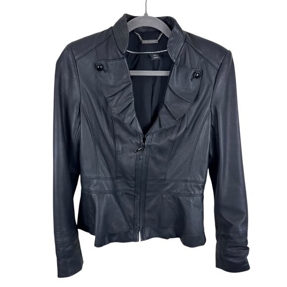 White House Black Market Black Leather Ruffled Collared Full Zip Moto Jacket XS